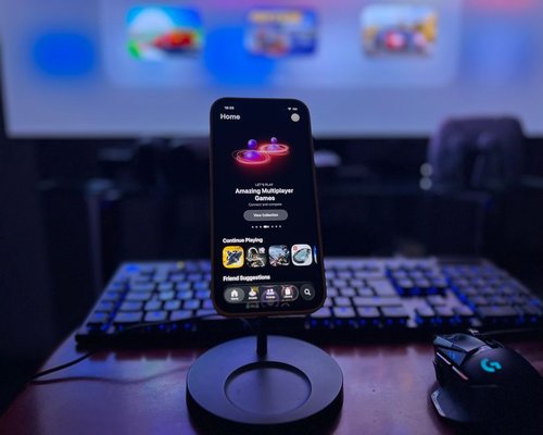 Smartphone displaying a fictional mobile game at an Australian gaming technology exhibition